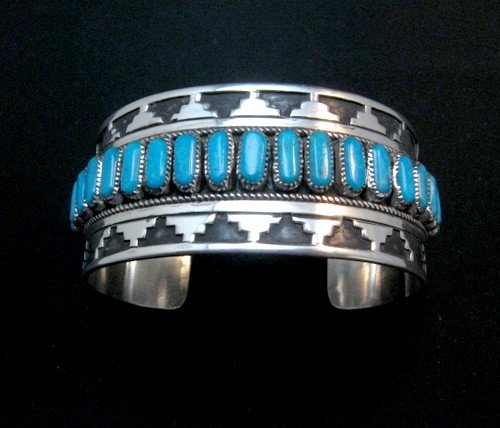 Image 0 of Wide Native American Navajo Turquoise Silver Overlay Bracelet, Eddie Johnson