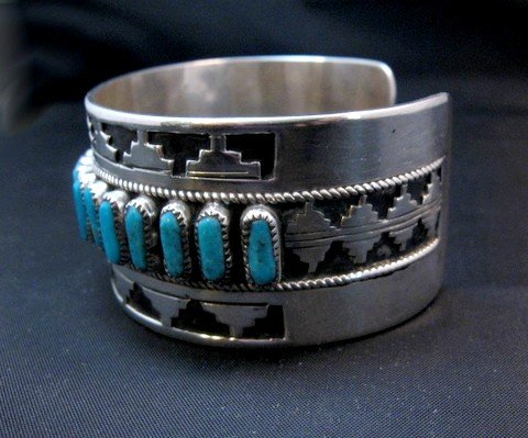 Image 3 of Wide Native American Navajo Turquoise Silver Overlay Bracelet, Eddie Johnson