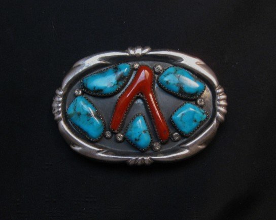 Image 1 of Vintage Zuni Turquoise Coral Silver Buckle by Horace Iule 
