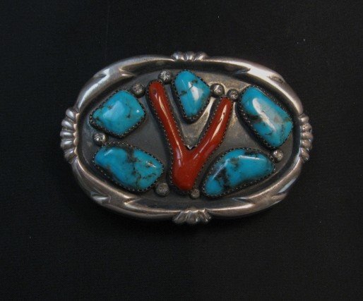 Image 0 of Vintage Zuni Turquoise Coral Silver Buckle by Horace Iule 