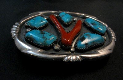 Image 2 of Vintage Zuni Turquoise Coral Silver Buckle by Horace Iule 