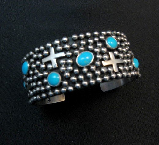 Image 0 of Navajo ~ Ronnie Willie ~ Turquoise Cross Four Corners Bracelet 