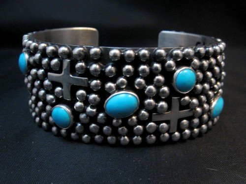 Image 1 of Navajo ~ Ronnie Willie ~ Turquoise Cross Four Corners Bracelet 