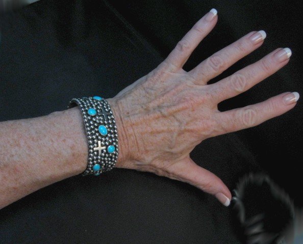 Image 3 of Navajo ~ Ronnie Willie ~ Turquoise Cross Four Corners Bracelet 