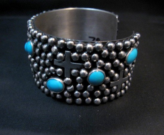 Image 5 of Navajo ~ Ronnie Willie ~ Turquoise Cross Four Corners Bracelet 