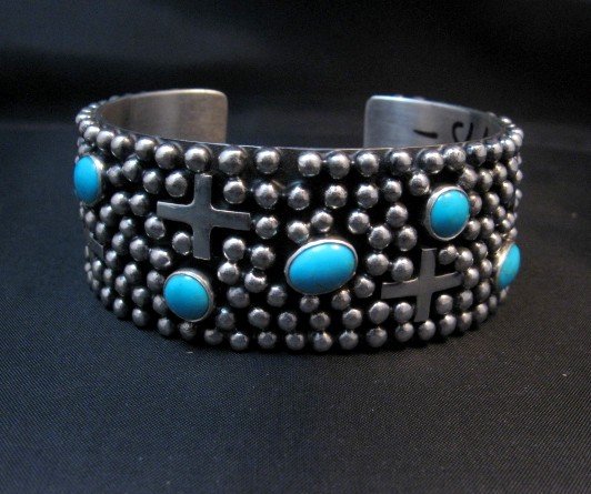 Image 8 of Navajo ~ Ronnie Willie ~ Turquoise Cross Four Corners Bracelet 