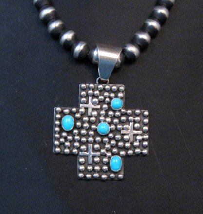 Image 0 of Navajo Ronnie Willie Turquoise Santa Fe Cross Pendant