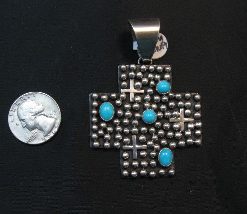 Image 2 of Navajo Ronnie Willie Turquoise Santa Fe Cross Pendant