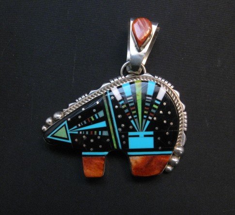 Image 0 of Navajo Multistone Inlaid Cosmic Bear Pendant Inlaid Bale by Ray Jack