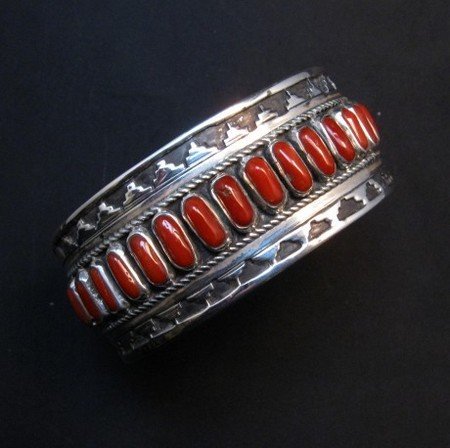 Image 0 of Native American Navajo Coral Silver Overlay Bracelet, Eddie Johnson