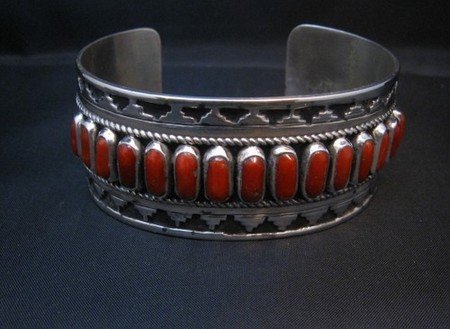 Image 2 of Native American Navajo Coral Silver Overlay Bracelet, Eddie Johnson