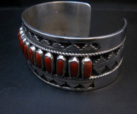 Image 4 of Native American Navajo Coral Silver Overlay Bracelet, Eddie Johnson