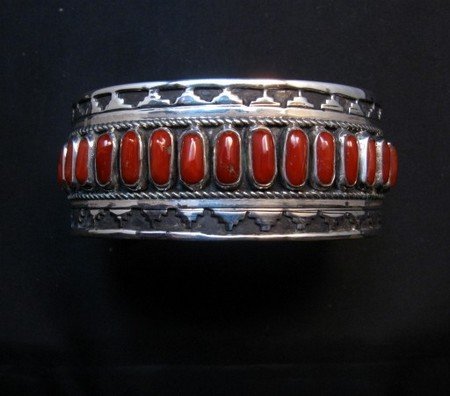 Image 6 of Native American Navajo Coral Silver Overlay Bracelet, Eddie Johnson