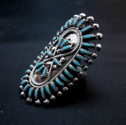 Image 2 of Zuni Sleeping Beauty Turquoise Petitpoint Silver Ring Vincent Johnson sz6-1/2 