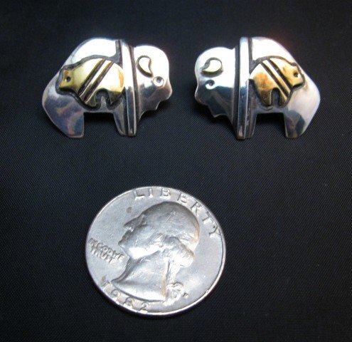 Image 1 of Navajo Sterling Silver Buffalo Bear Earrings, Tommy Singer