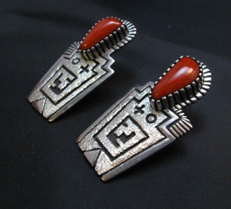 Image 1 of Chunky Older Navajo Coral Silver Earrings, Toney Mitchell