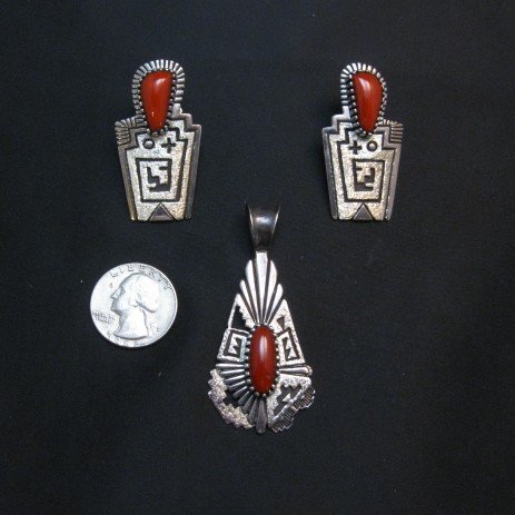 Image 5 of Older Navajo Toney Mitchell Coral Silver Pendant