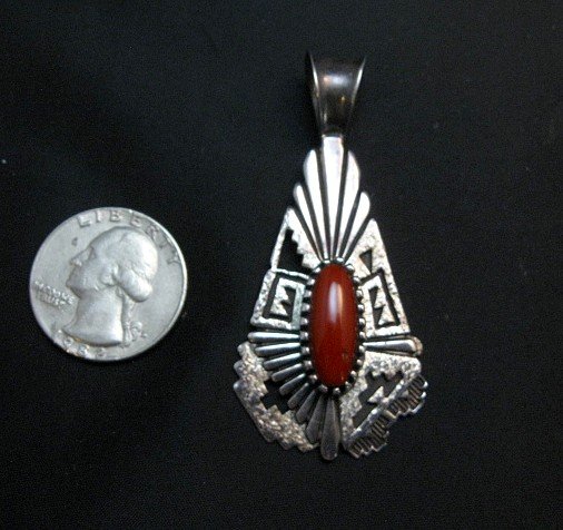 Image 1 of Older Navajo Toney Mitchell Coral Silver Pendant