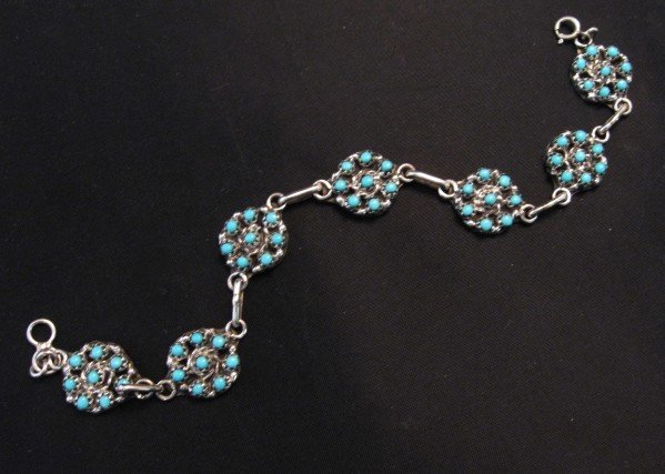 Image 1 of Zuni Sleeping Beauty Turquoise Flower Cluster Link Bracelet, Randy Hooee