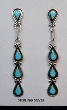 Image 0 of Long Zuni Turquoise Inlay Dangle Earrings Diana Shebola