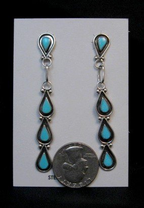 Image 1 of Long Zuni Turquoise Inlay Dangle Earrings Diana Shebola