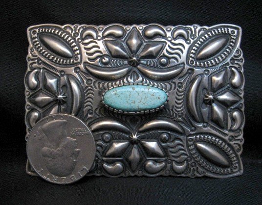 Image 1 of Navajo Darryl Becenti Number 8 Turquoise Silver Buckle