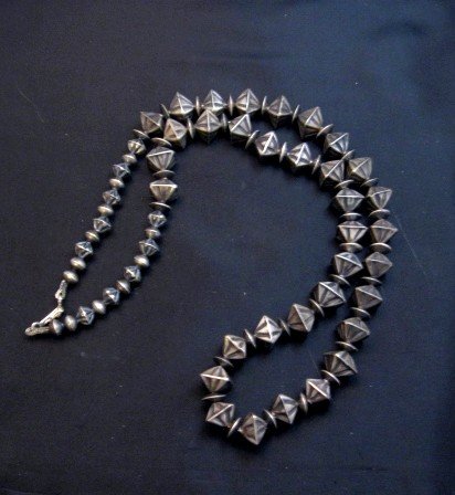 Image 0 of Vintage Navajo Handmade Square Fluted Silver Bead Necklace 26-inches