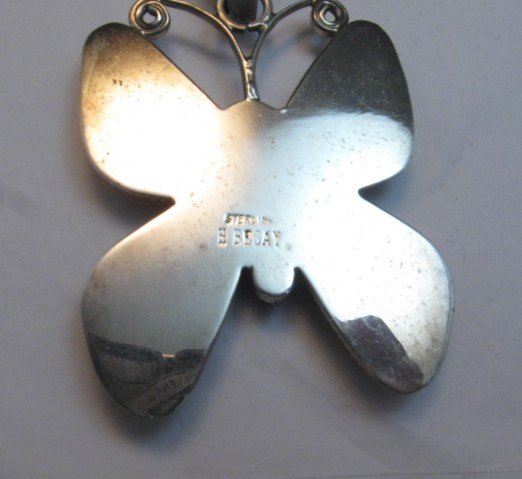 Image 3 of Older Navajo Spiny Oyster Silver Butterfly Pendant, H. Begay