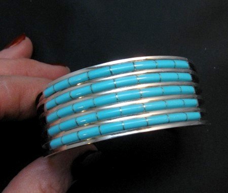 Image 0 of Zuni Jewelry 5 Row Inlay Turquoise Sterling Silver Bracelet, Anson Wallace