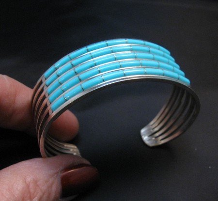 Image 2 of Zuni Jewelry 5 Row Inlay Turquoise Sterling Silver Bracelet, Anson Wallace