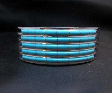 Image 4 of Zuni Jewelry 5 Row Inlay Turquoise Sterling Silver Bracelet, Anson Wallace