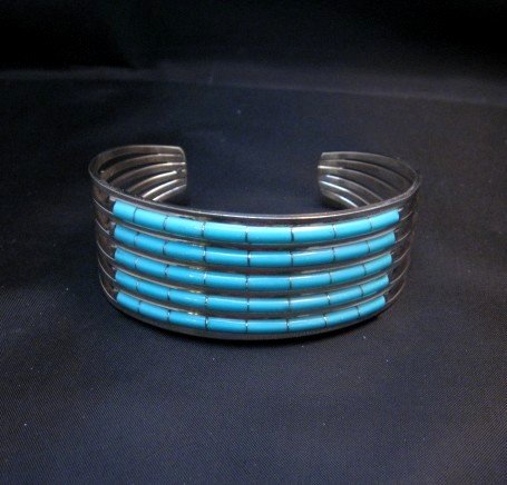 Image 5 of Zuni Jewelry 5 Row Inlay Turquoise Sterling Silver Bracelet, Anson Wallace