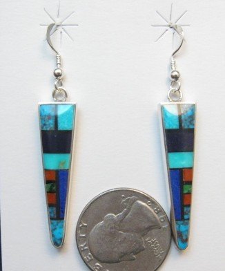 Image 1 of Jim Harrison Navajo Narrow Multigem Inlay Dangle Earrings