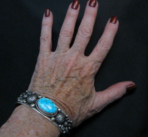 Image 6 of Albert Jake Navajo Birdseye Kingman Turquoise Silver Bracelet, Large