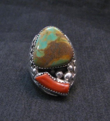 Image 0 of Mens Native American Navajo Turquoise Coral Silver Ring Sz11-1/2, Michael Thomas