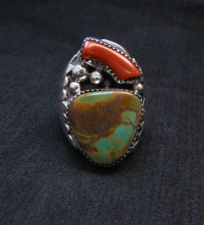 Image 1 of Mens Native American Navajo Turquoise Coral Silver Ring Sz11-1/2, Michael Thomas