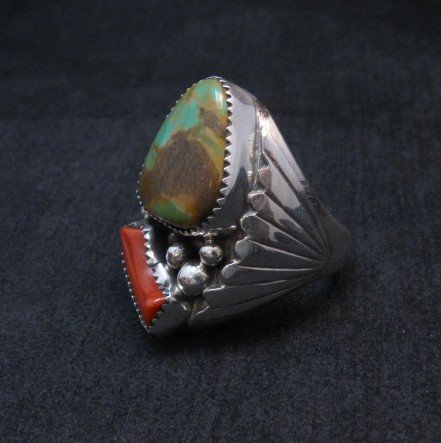 Image 2 of Mens Native American Navajo Turquoise Coral Silver Ring Sz11-1/2, Michael Thomas