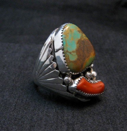 Image 3 of Mens Native American Navajo Turquoise Coral Silver Ring Sz11-1/2, Michael Thomas