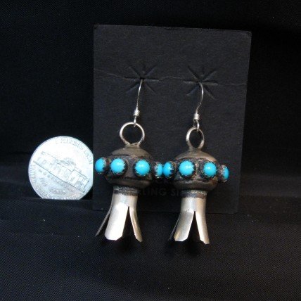 Image 1 of Navajo ~ Monica Smith ~ Hand Made Silver Turquoise Squash Blossom Earrings