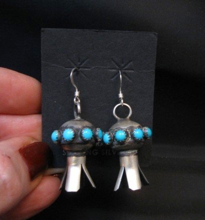 Image 3 of Navajo ~ Monica Smith ~ Hand Made Silver Turquoise Squash Blossom Earrings