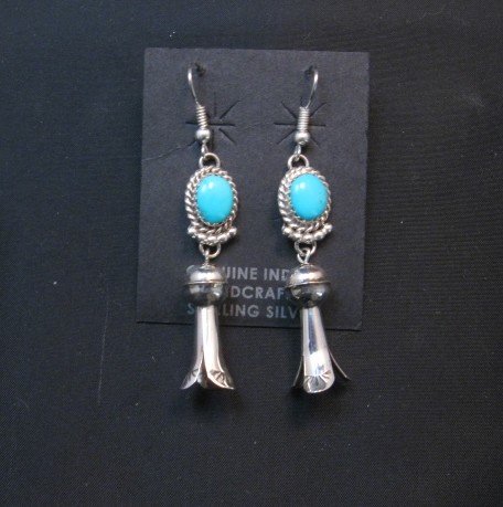 Image 0 of Long Native American Navajo Turquoise Squash Blossom Earrings