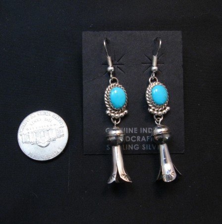 Image 1 of Long Native American Navajo Turquoise Squash Blossom Earrings