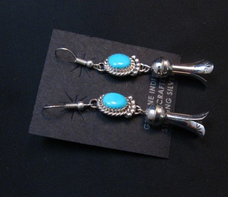 Image 2 of Long Native American Navajo Turquoise Squash Blossom Earrings