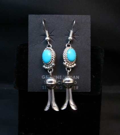 Image 3 of Long Native American Navajo Turquoise Squash Blossom Earrings