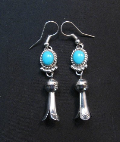 Image 0 of Native American Navajo Turquoise Squash Blossom Dangle Earrings