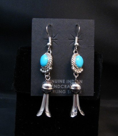 Image 1 of Native American Navajo Turquoise Squash Blossom Dangle Earrings
