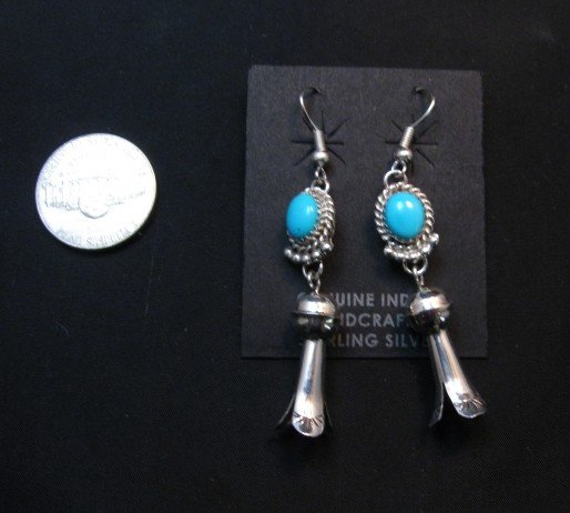Image 2 of Native American Navajo Turquoise Squash Blossom Dangle Earrings