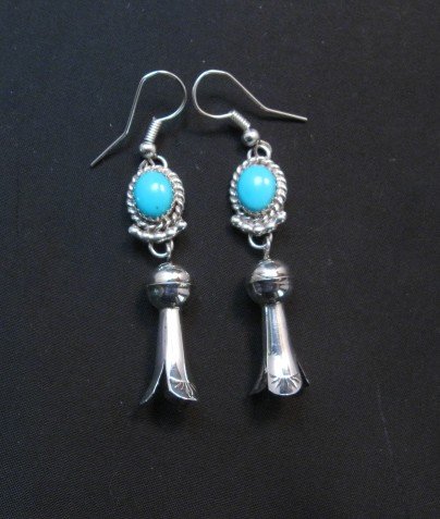 Image 4 of Native American Navajo Turquoise Squash Blossom Dangle Earrings
