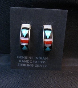 Image 0 of Zuni Multi Inlay Hoop Earrings Native American Delberta Boone