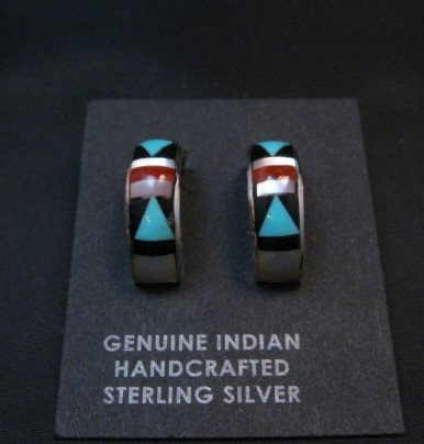 Image 2 of Zuni Multi Inlay Hoop Earrings Native American Delberta Boone
